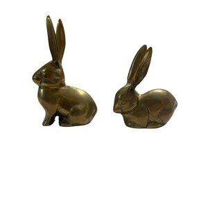 Vintage Solid Brass Bunny Rabbit Figurines Set Of 2 Easter Spring Long Ears Mini